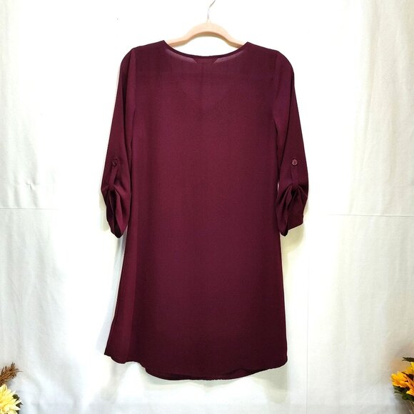 Decree Burgundy Roll Tab Sleeve Tunic Dress w/ Slip Small Casual Or Semi-Formal - Picture 5 of 7
